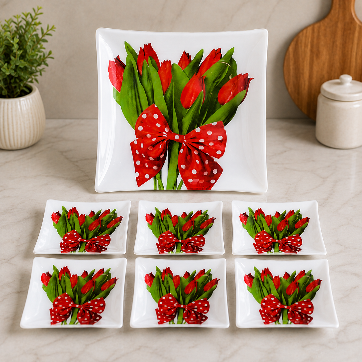 ARCOFAM TULIP FLORAL SQUARE SERVING 7 PCS PLATE SET - AGRIN
