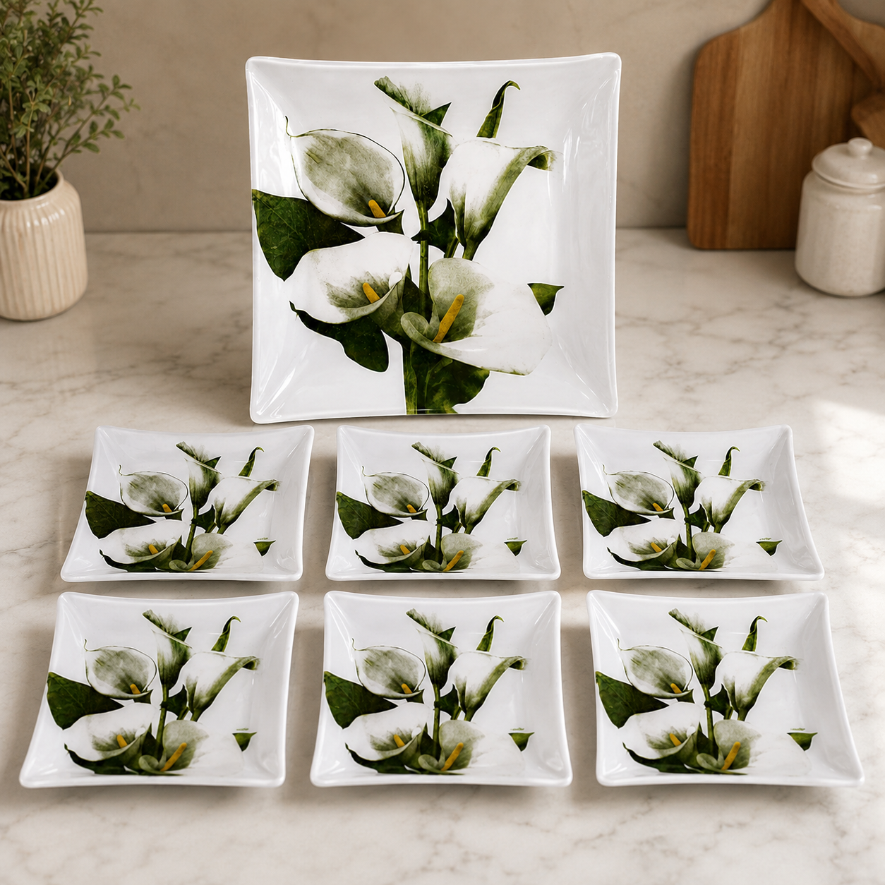 ARCOFAM SQUARE FLORAL SERVING 7 PIECE PLATE SET - WHITE GOLSA