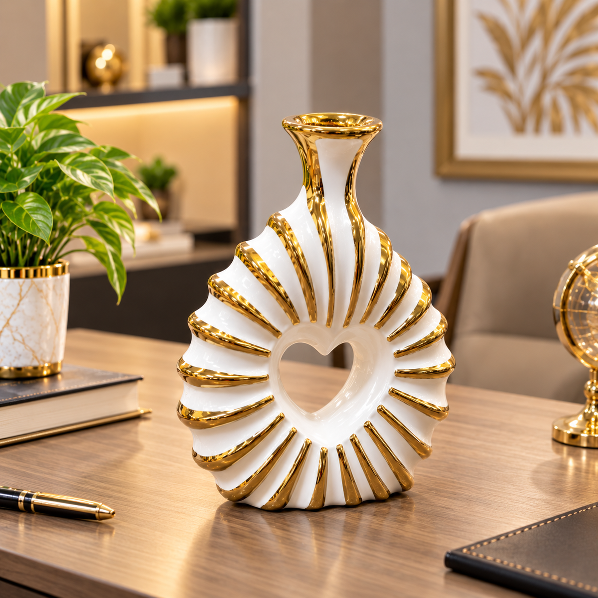 WHITE & GOLD HEART DESIGN DECORATIVE VASE - LARGE
