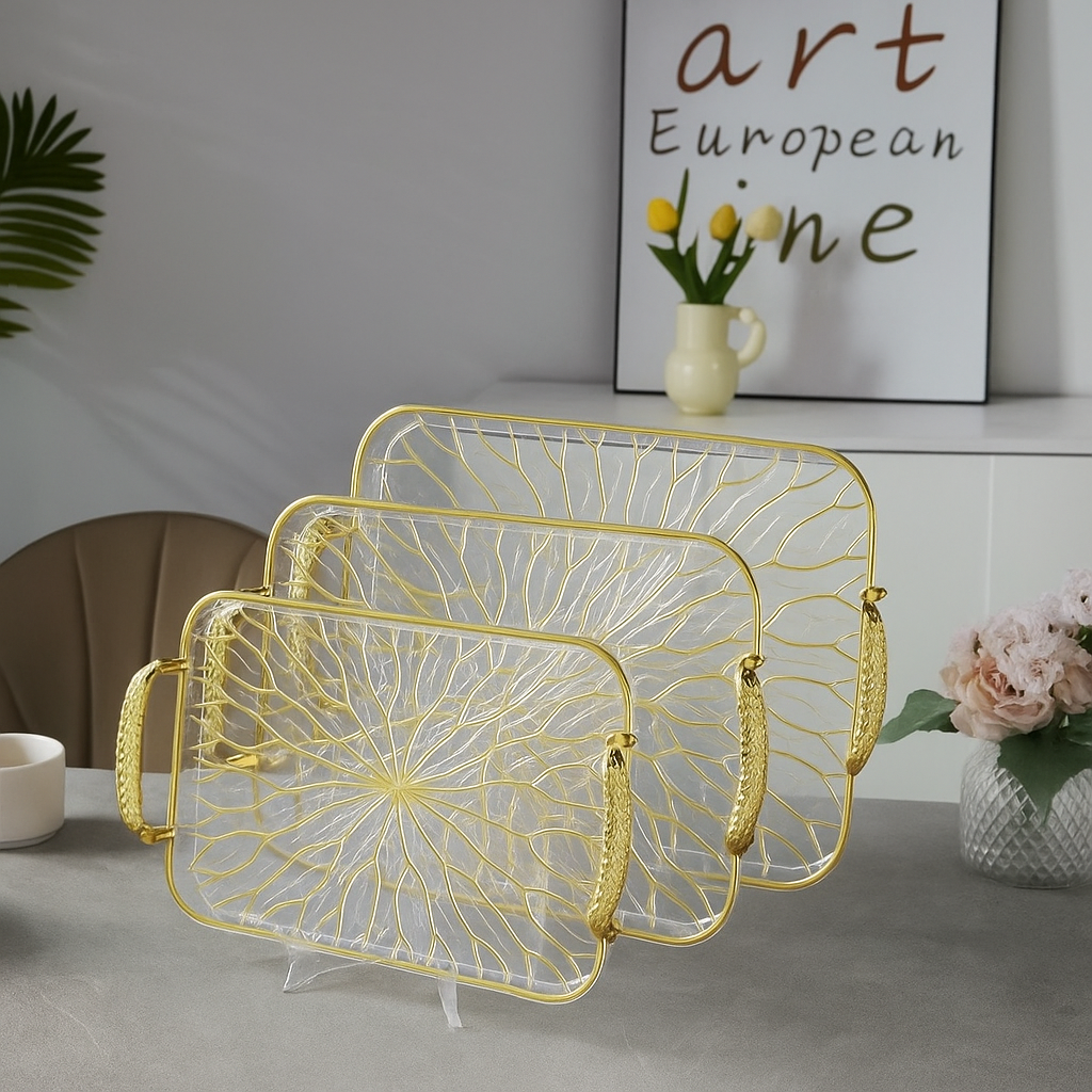 MODERN LUXURY TEA & SNACK TRAYS – 3-PIECE TRAY SET WITH GOLD HANDLES - RECTANGULAR