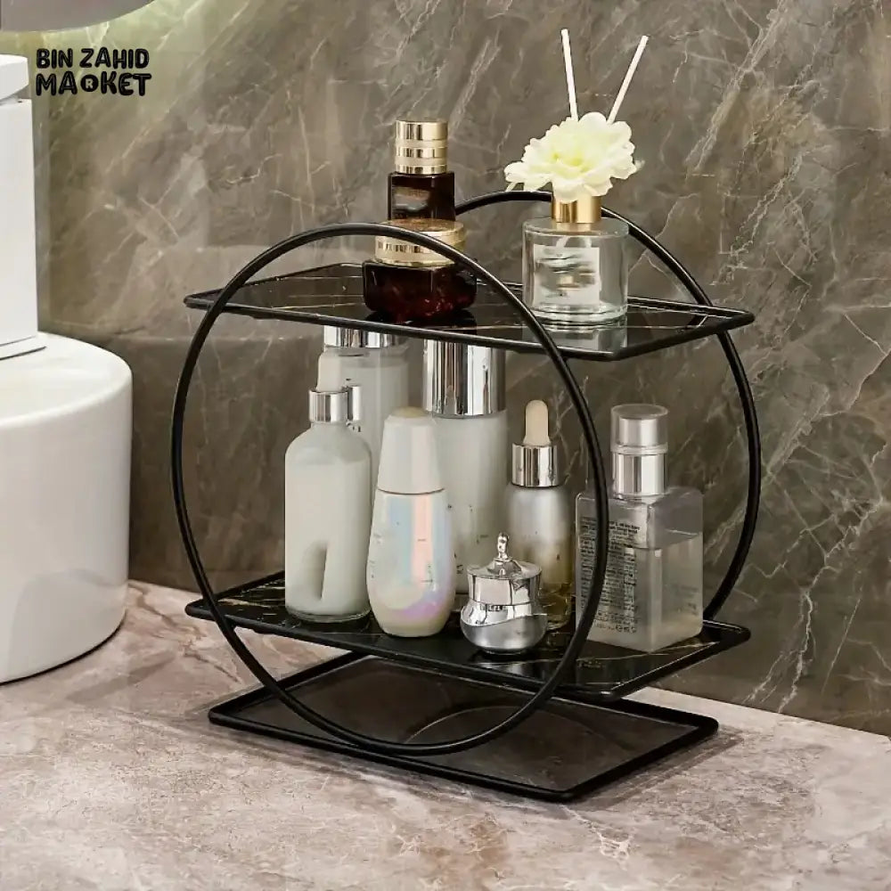 LIGHT LUXURY BATHROOM SHELF RACK COSMETICS ORGANIZER FOR DRESSING TABLE - CIRCLE SHAPE Black