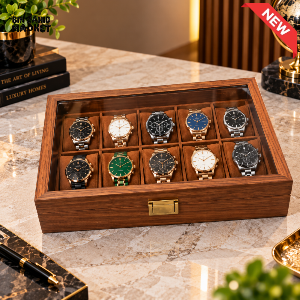 10-SLOT PREMIUM WOODEN WATCH STORAGE & DISPLAY BOX WITH GLASS LID