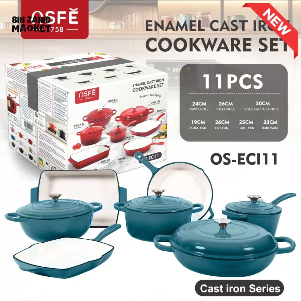 11-PIECE OSFE ENAMELED CAST IRON COOKWARE SET MULTIFUNCTIONAL KITCHEN COLLECTION - BLUE
