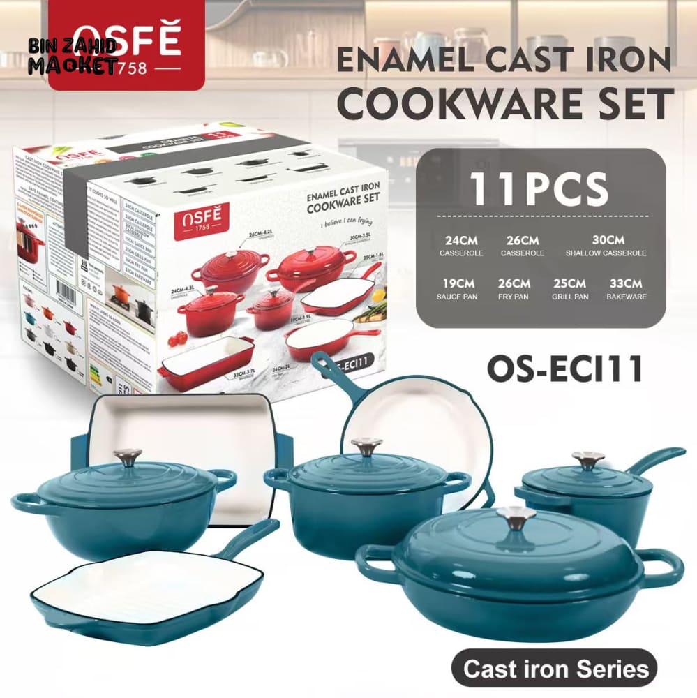 11-PIECE OSFE ENAMELED CAST IRON COOKWARE SET MULTIFUNCTIONAL KITCHEN COLLECTION - BLUE