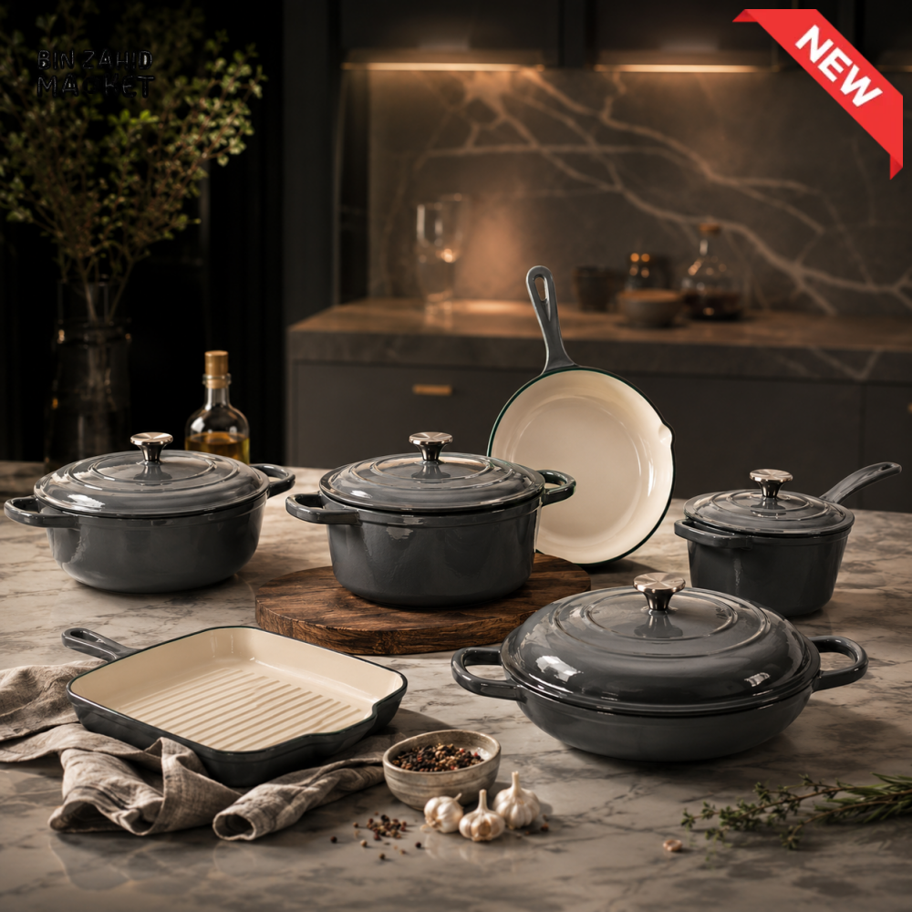 11-PIECE OSFE ENAMELED CAST IRON COOKWARE SET MULTIFUNCTIONAL KITCHEN COLLECTION - GREY