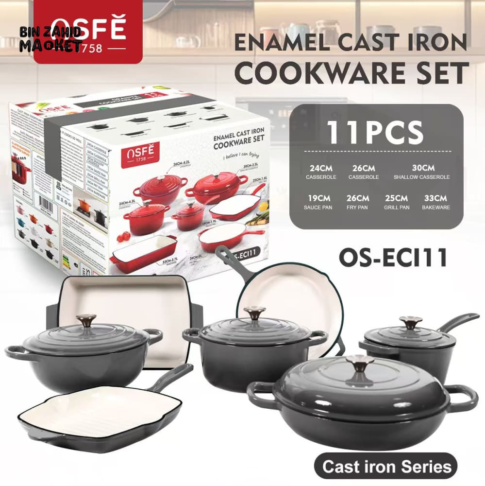 11-PIECE OSFE ENAMELED CAST IRON COOKWARE SET MULTIFUNCTIONAL KITCHEN COLLECTION - GREY