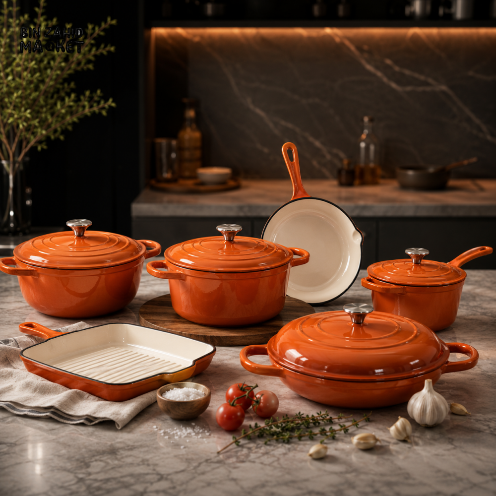 11-PIECE OSFE ENAMELED CAST IRON COOKWARE SET MULTIFUNCTIONAL KITCHEN COLLECTION - ORANGE