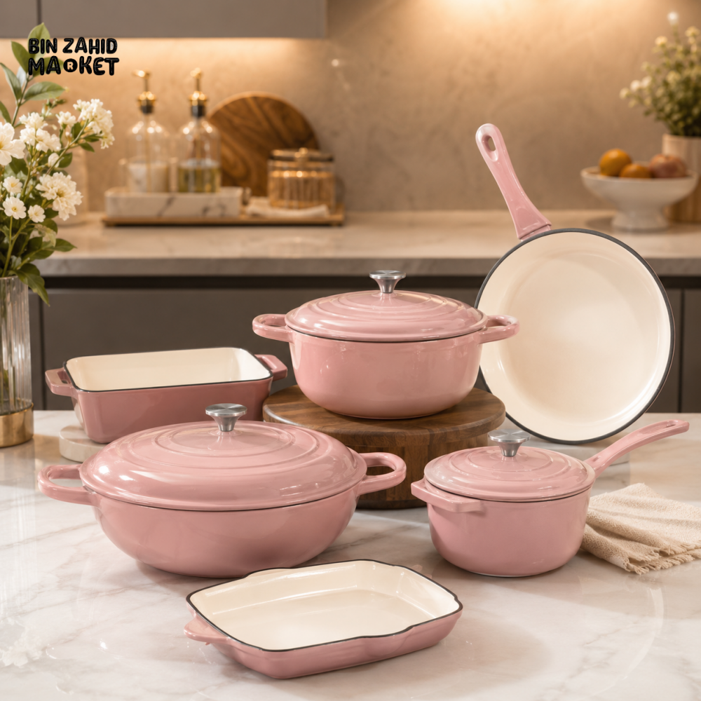 11-PIECE OSFE ENAMELED CAST IRON COOKWARE SET MULTIFUNCTIONAL KITCHEN COLLECTION - PINK