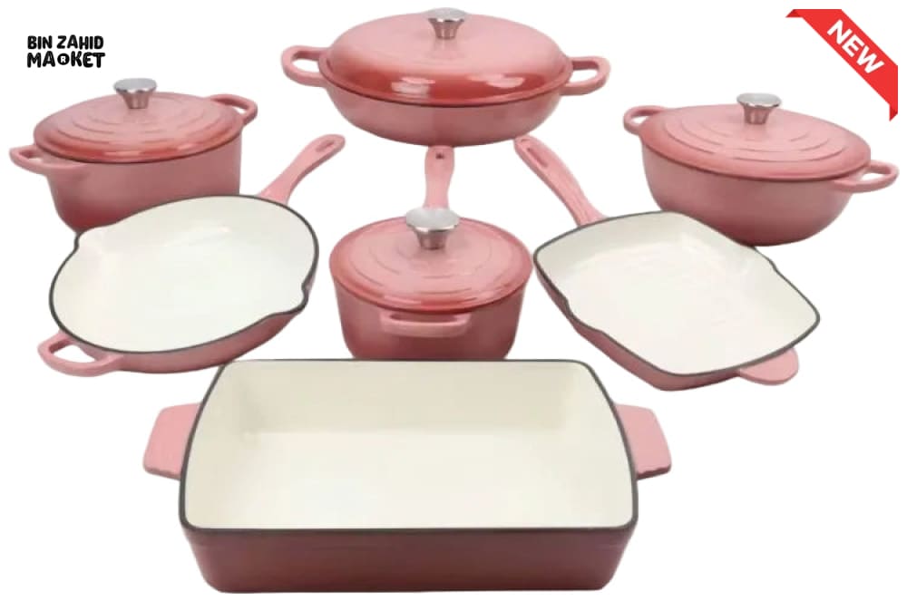 11-PIECE OSFE ENAMELED CAST IRON COOKWARE SET MULTIFUNCTIONAL KITCHEN COLLECTION - PINK