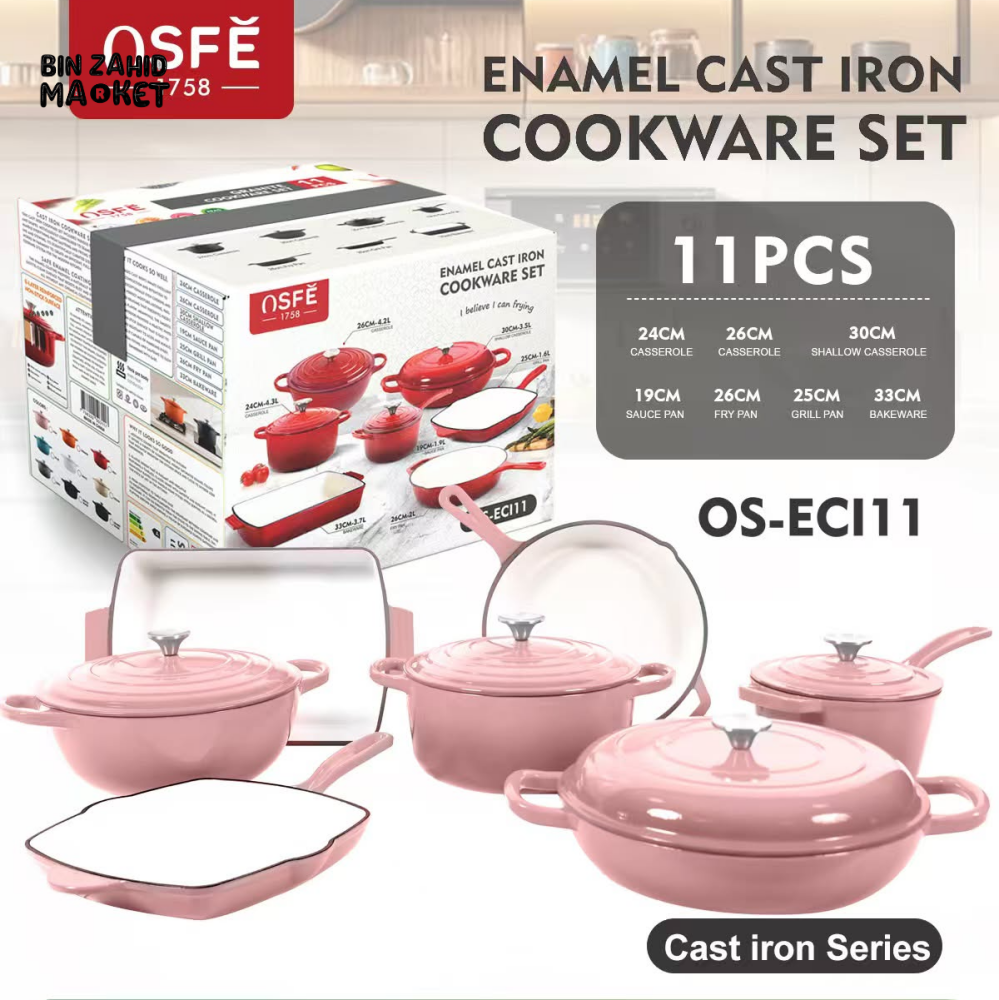 11-PIECE OSFE ENAMELED CAST IRON COOKWARE SET MULTIFUNCTIONAL KITCHEN COLLECTION - PINK