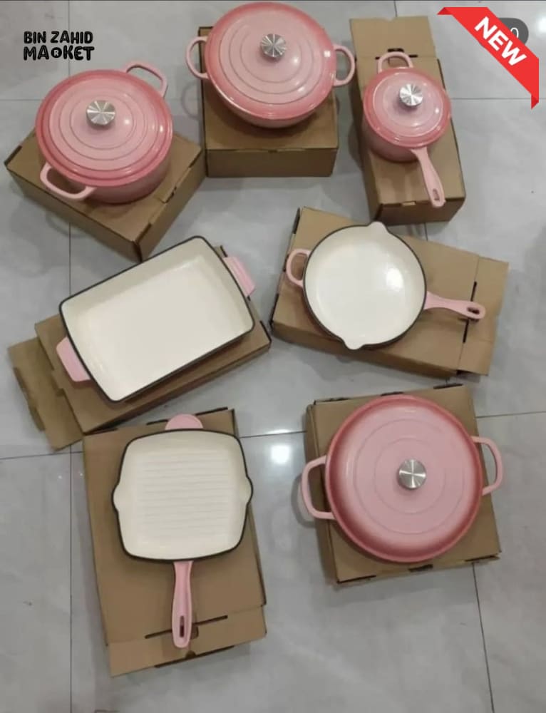 11-PIECE OSFE ENAMELED CAST IRON COOKWARE SET MULTIFUNCTIONAL KITCHEN COLLECTION - PINK