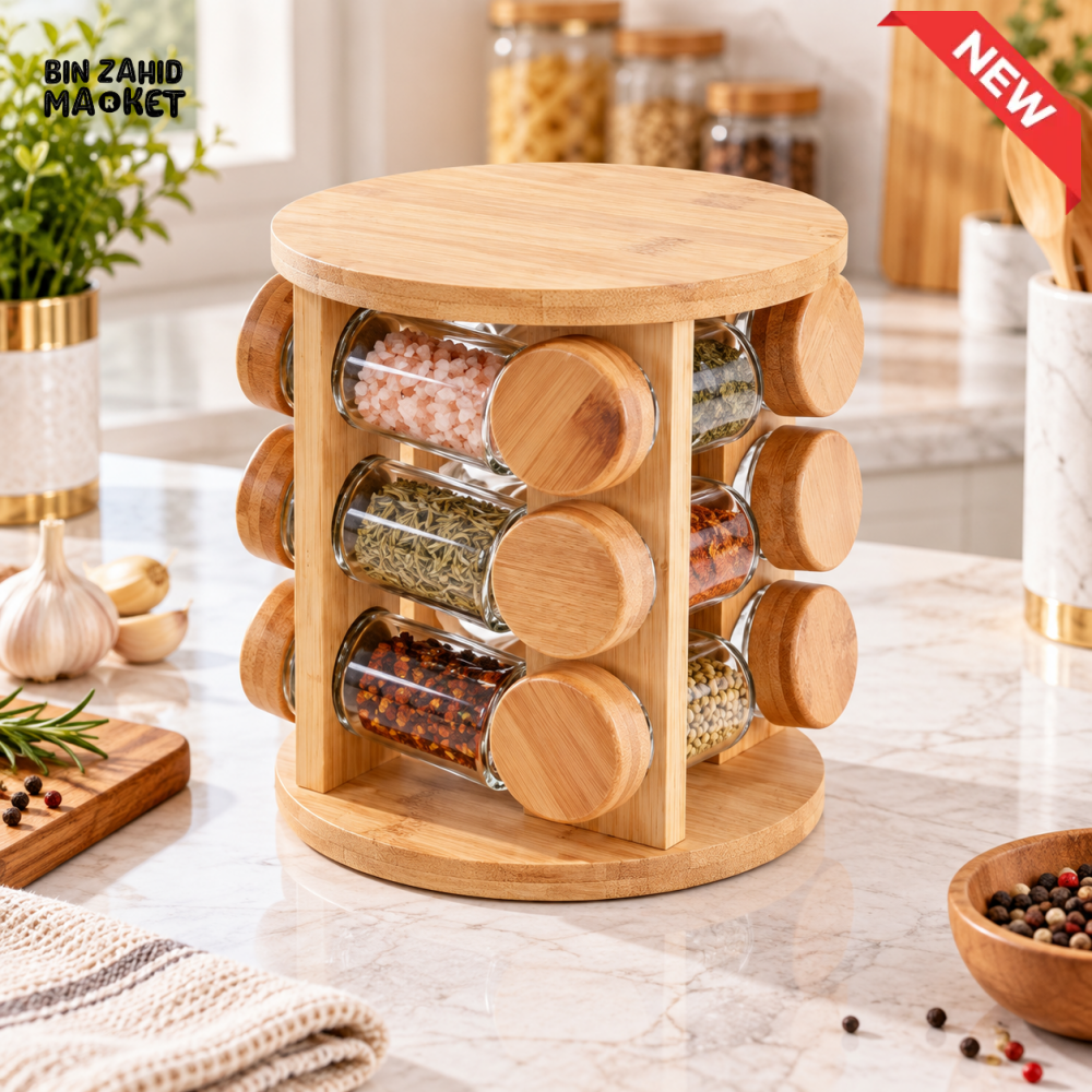 12 JAR BAMBOO ROTATING SPICE RACK ORGANIZER SET