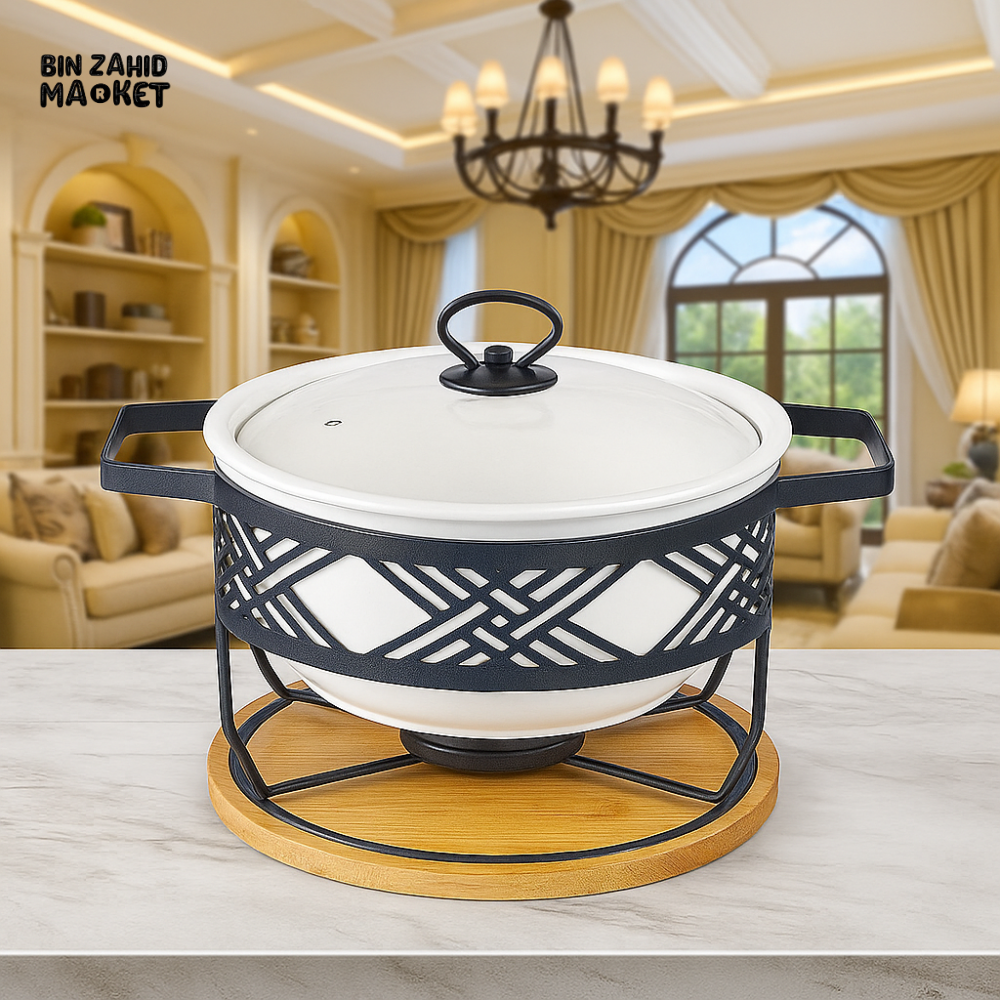 12" ROUND CERAMIC SERVING DISH WITH METAL CANDLE STAND – LUXURY BUFFETWARE