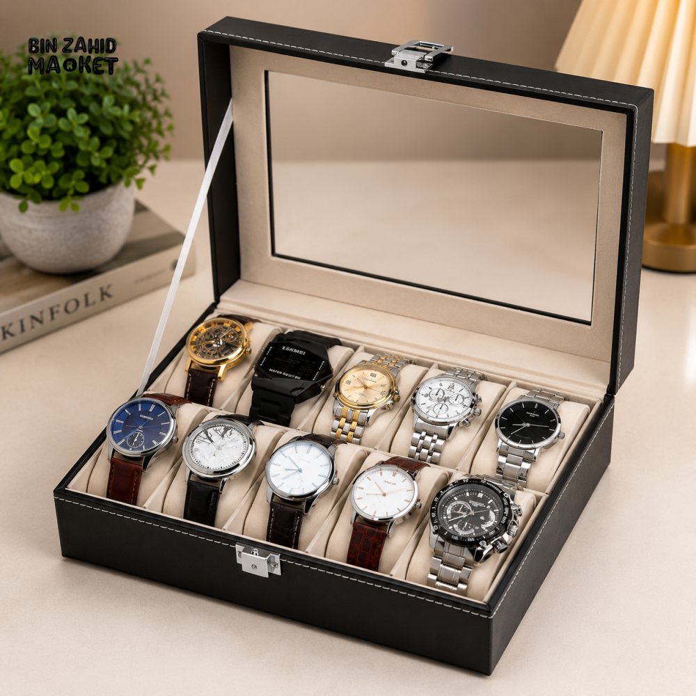 12-SLOT LEATHER WATCH STORAGE ORGANIZER BOX WITH DISPLAY LID