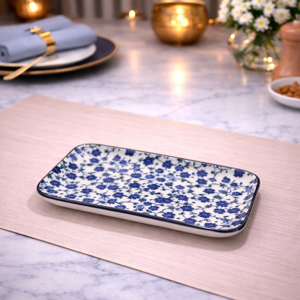 DANNY HOME BLUE FLORAL CERAMIC RECTANGULAR SERVING PLATTER 20.3CM -80CFP 2011