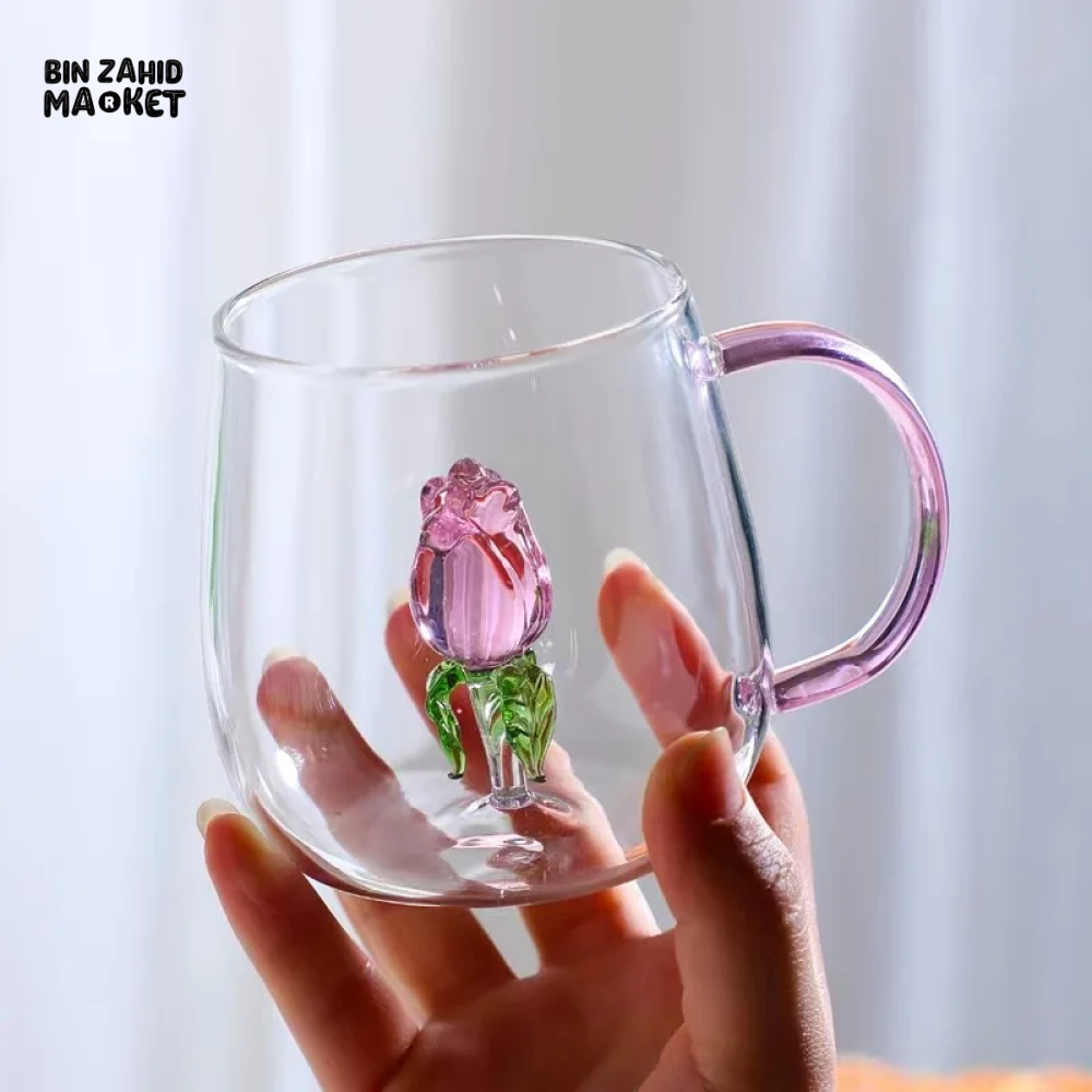 3D ROSE GLASS MUG WITH PINK HANDLE – HEAT-RESISTANT FOR MILK & COFFEE