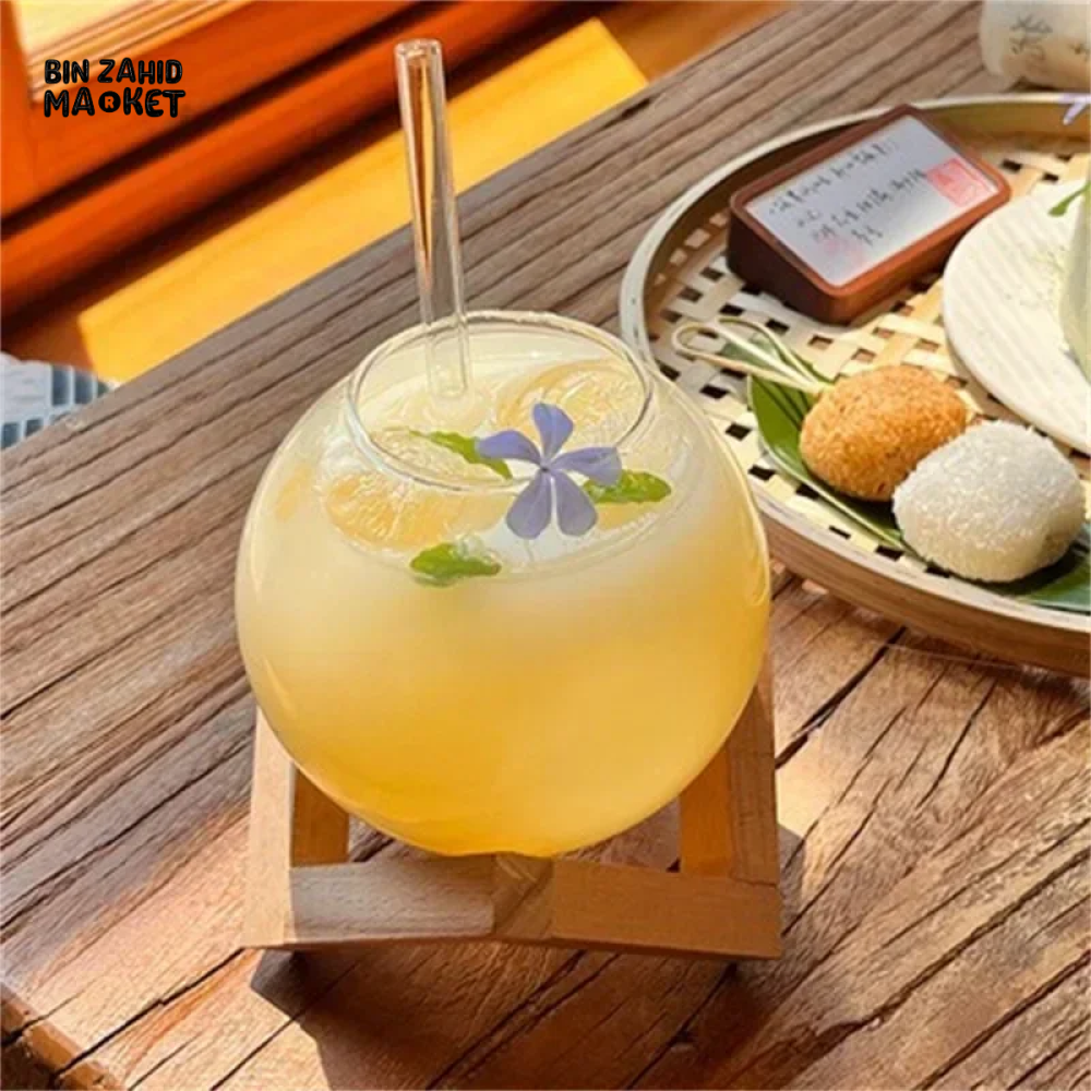 COCKTAIL GLASS CUP WITH WOOD STAND – ROUND BALL TUMBLER BAR GLASSWARE