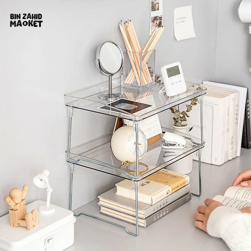STACKABLE CLEAR PLASTIC STORAGE RACK FOR MAKEUP KITCHEN AND STATIONERY