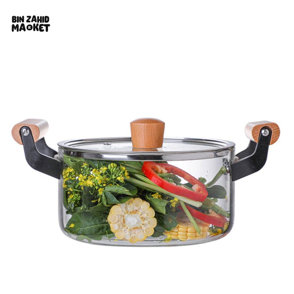 PREMIUM BOROSILICATE GLASS COOKING POT – FLAME-SAFE WOODEN HANDLE LARGE CAPACITY WITH LID - 4.5 LITRE