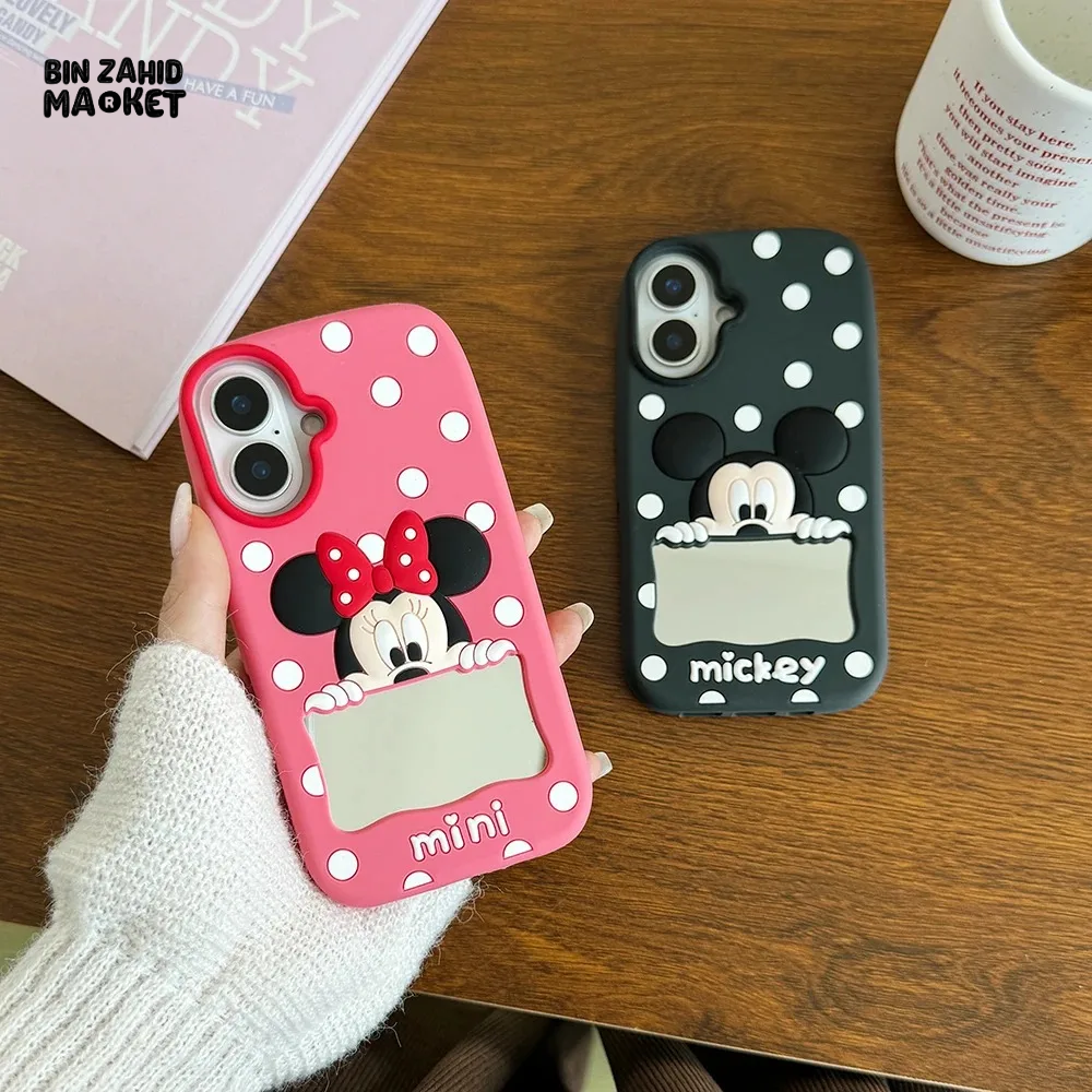 CUTE CARTOON POLKA DOT MICKEY & MINNIE MOUSE SILICONE CASE WITH MAKEUP MIRROR COVER - MICKEY