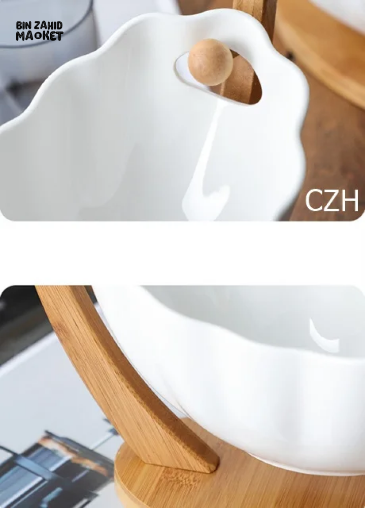 HANGING CERAMIC SALAD BOWL WITH BAMBOO STAND PORCELAIN FRUIT DESSERT TABLEWARE