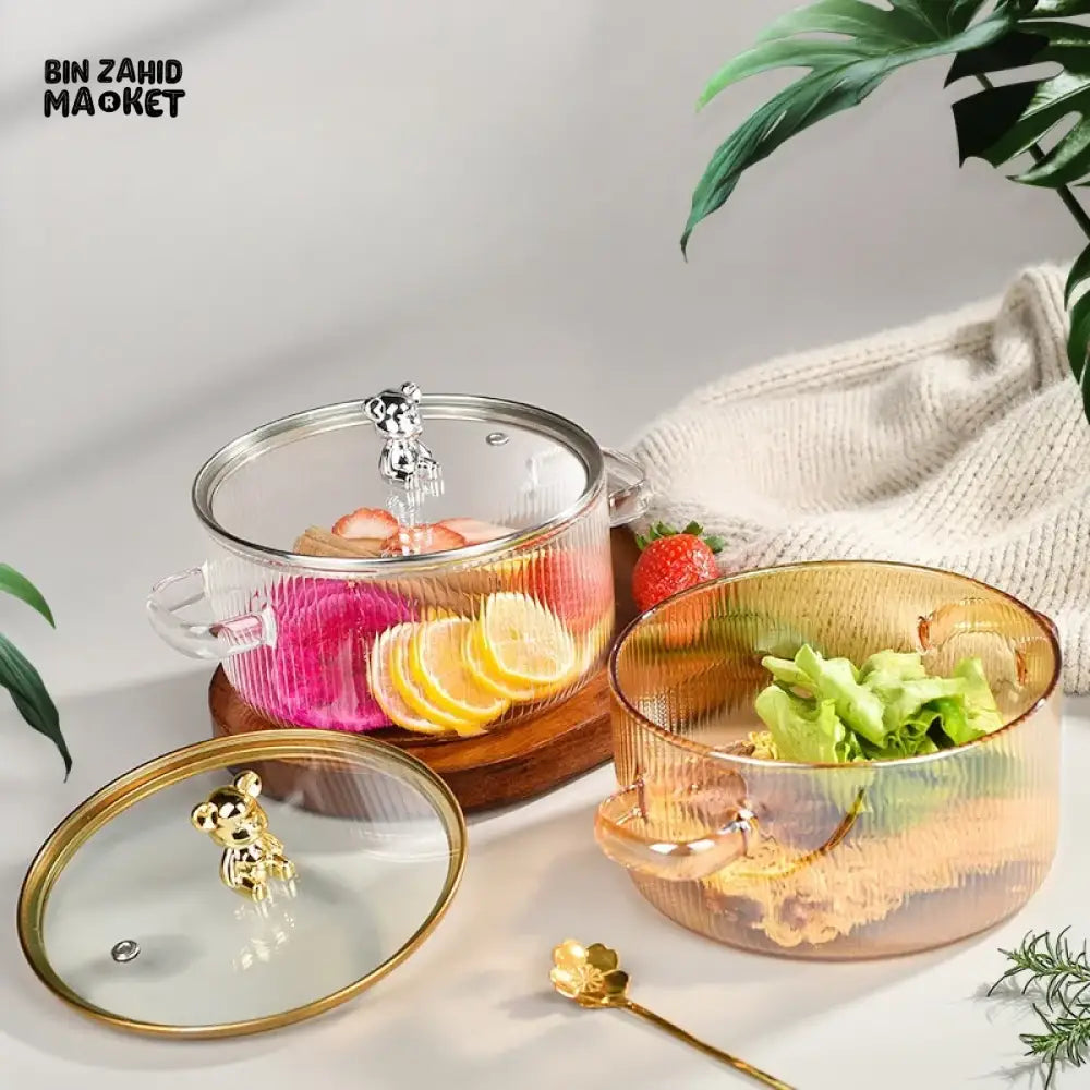 HEAT-RESISTANT 2 LITRE GLASS COOKING POT WITH LID BOROSILICATE GLASS FOR SOUP MILK & NOODLES