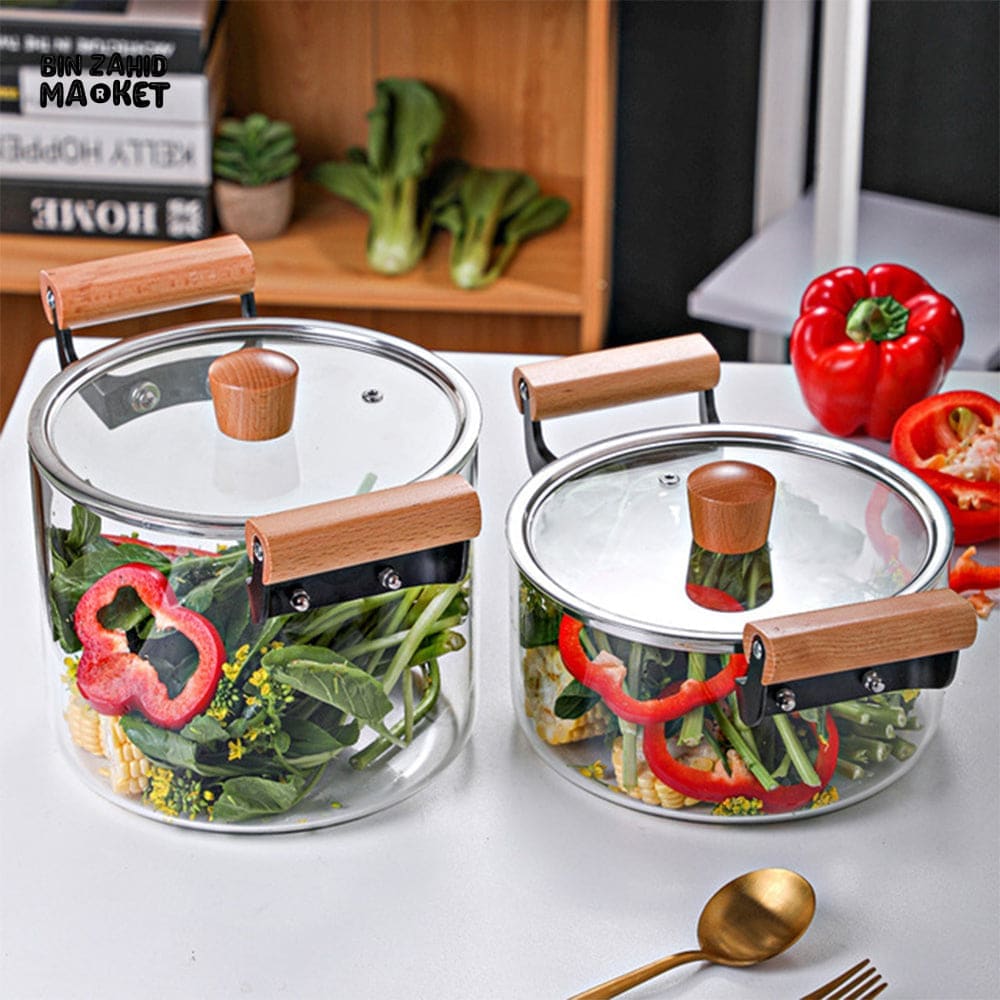PREMIUM BOROSILICATE GLASS COOKING POT – FLAME-SAFE WOODEN HANDLE LARGE CAPACITY WITH LID - 4.5 LITRE