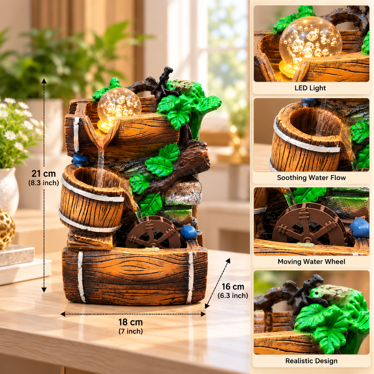 RUSTIC BARREL TABLETOP WATER FOUNTAIN WITH LED LIGHT & WATER WHEEL