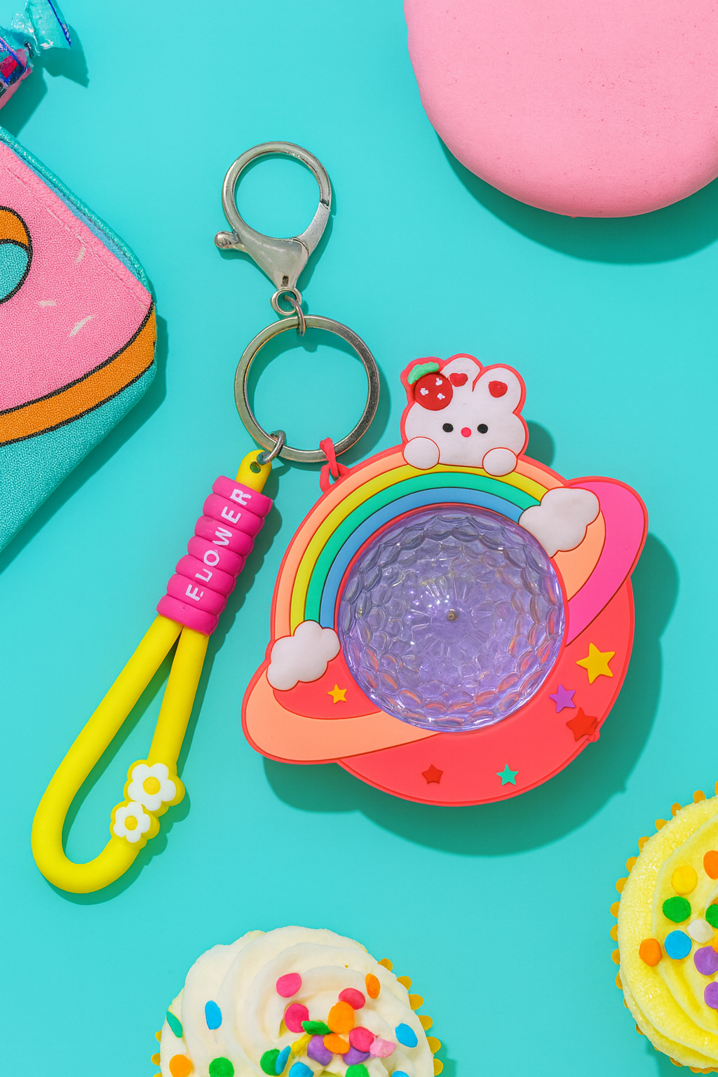 CUTE PLANET SHAKER KEYCHAIN WITH FLOWER LOOP STRAP – AESTHETIC BAG CHARM