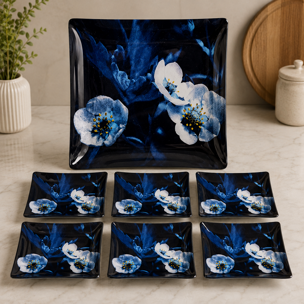 ARCOFAM BLUE FLORAL SQUARE SERVING 7 PIECES PLATE SET - MARGARIT