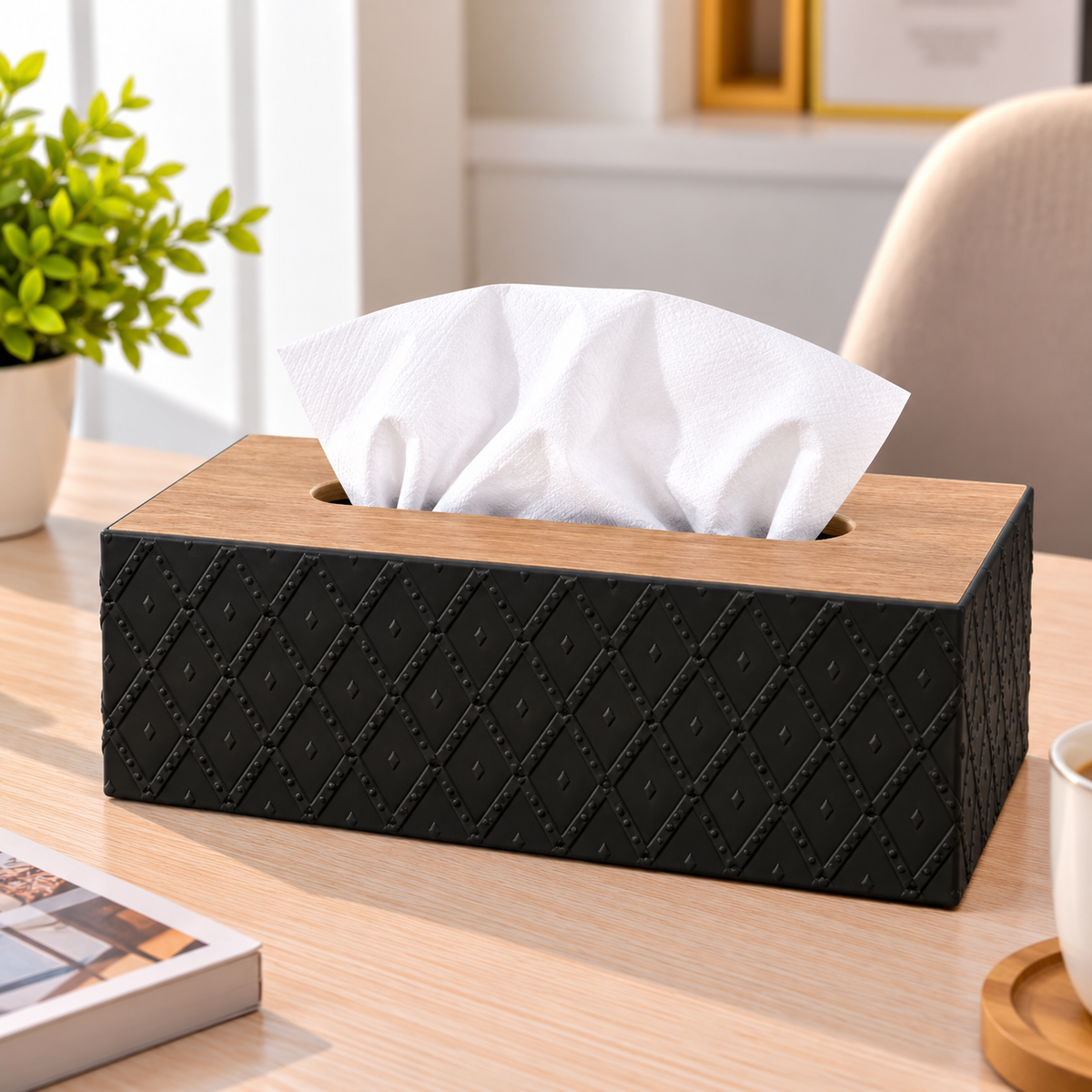 BLACK DIAMOND TEXTURE RECTANGULAR TISSUE BOX WITH WOODEN STYLE LID