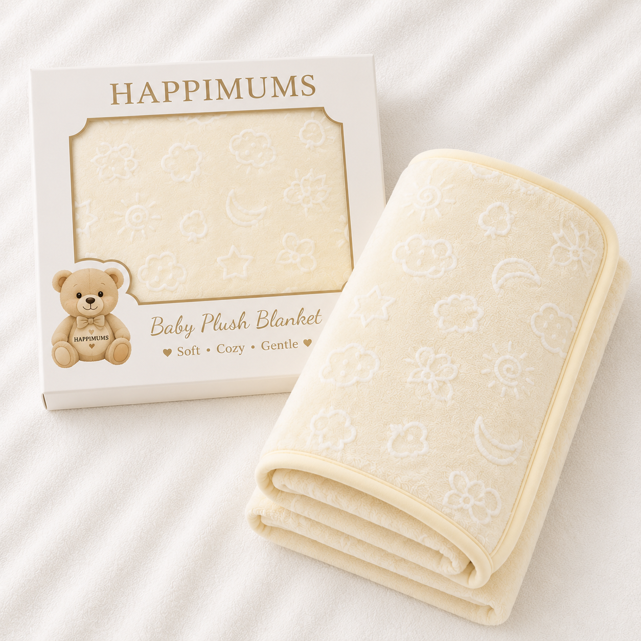 HAPPIMUMS BABY PLUSH SLEEPING BLANKET DOUBLE PLY CLOUD & BOW 110 x 80 - CREAM