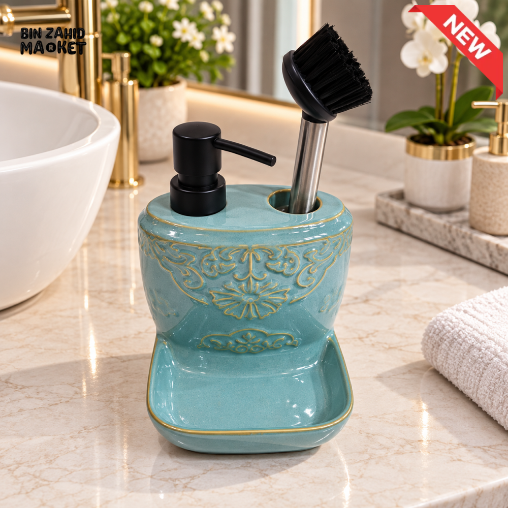 2-IN-1 CERAMIC SOAP DISPENSER AND CLEANING BRUSH HOLDER WITH TRAY – AQUA BLUE