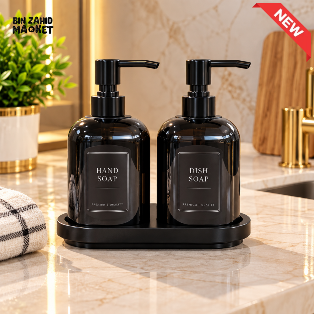 2-PIECE BLACK SOAP DISPENSER SET WITH TRAY - Soap & Toothbrush Accessories