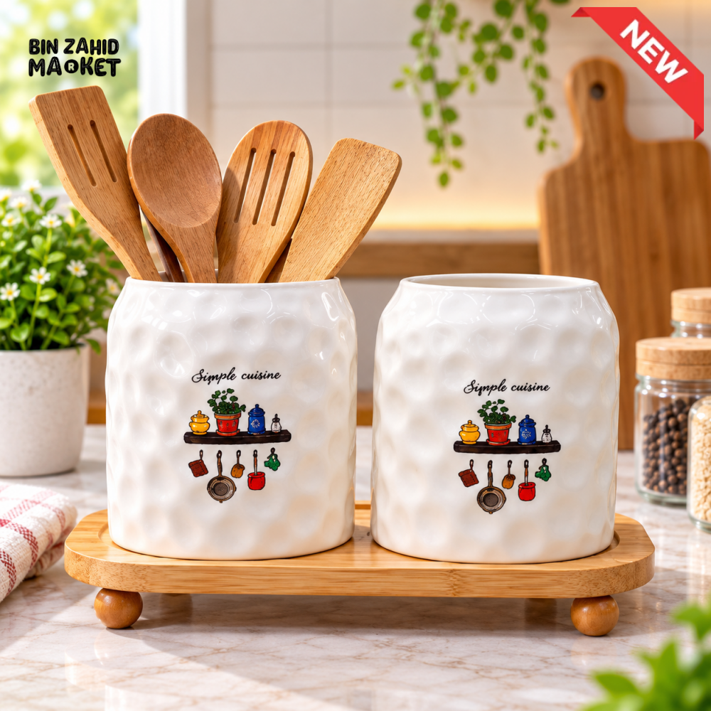 2-PIECE CERAMIC KITCHEN UTENSIL HOLDER SET WITH BAMBOO STAND