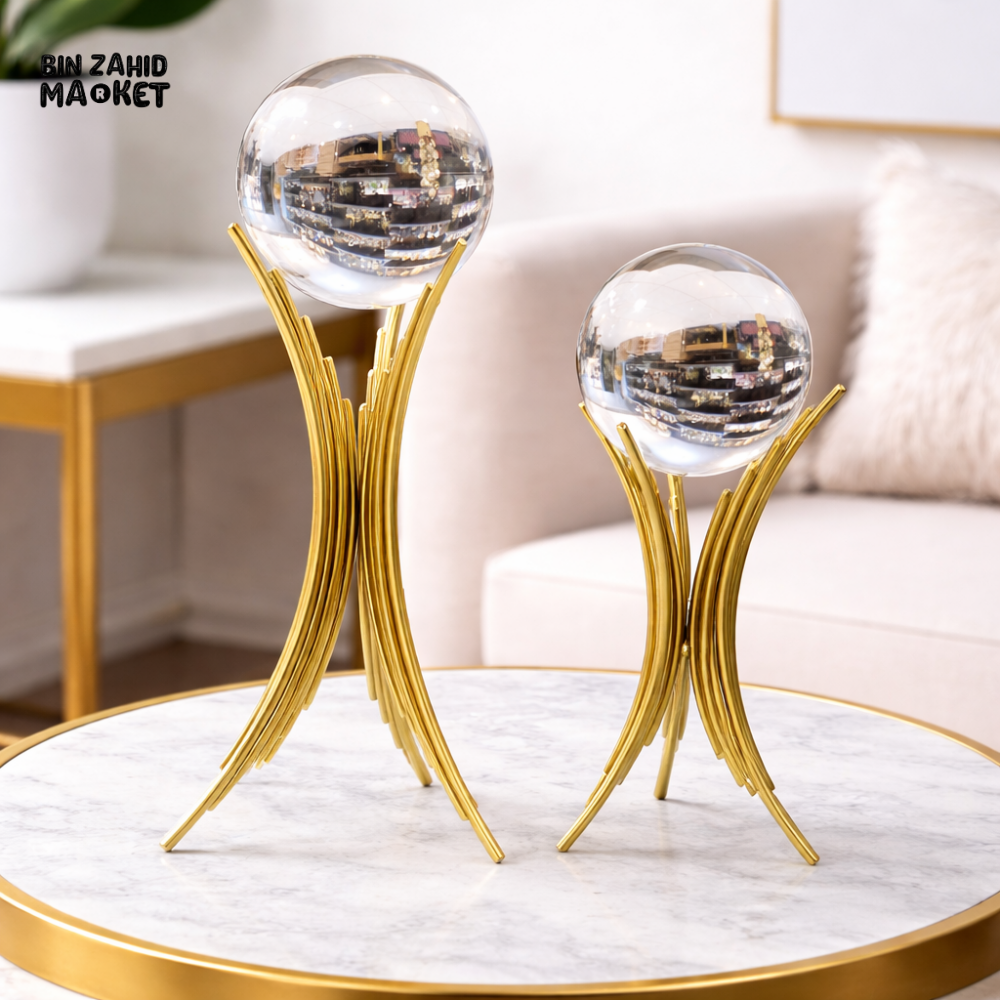 2-PIECE CRYSTAL BALL DECOR SET WITH GOLD METAL STAND – HOME TABLE SHOWPIECE