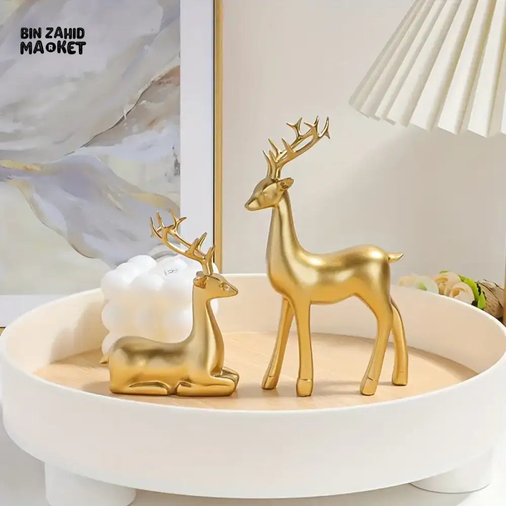 2 PIECE GOLDEN DEER FIGURINE SET – PERFECT DECOR FOR LIVING ROOM & BEDROOM