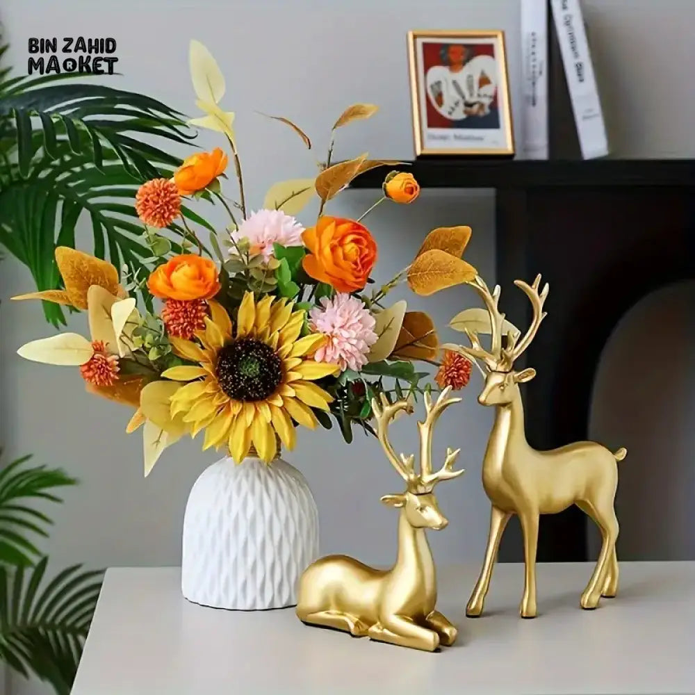 2 PIECE GOLDEN DEER FIGURINE SET – PERFECT DECOR FOR LIVING ROOM & BEDROOM