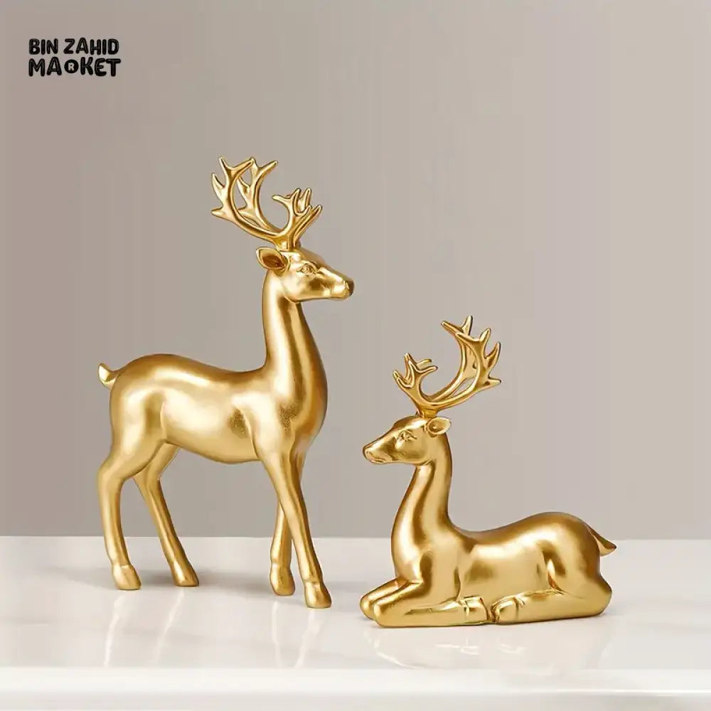 2 PIECE GOLDEN DEER FIGURINE SET – PERFECT DECOR FOR LIVING ROOM & BEDROOM