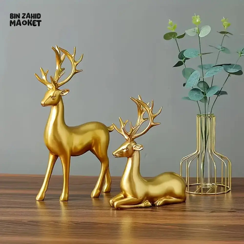 2 PIECE GOLDEN DEER FIGURINE SET – PERFECT DECOR FOR LIVING ROOM & BEDROOM