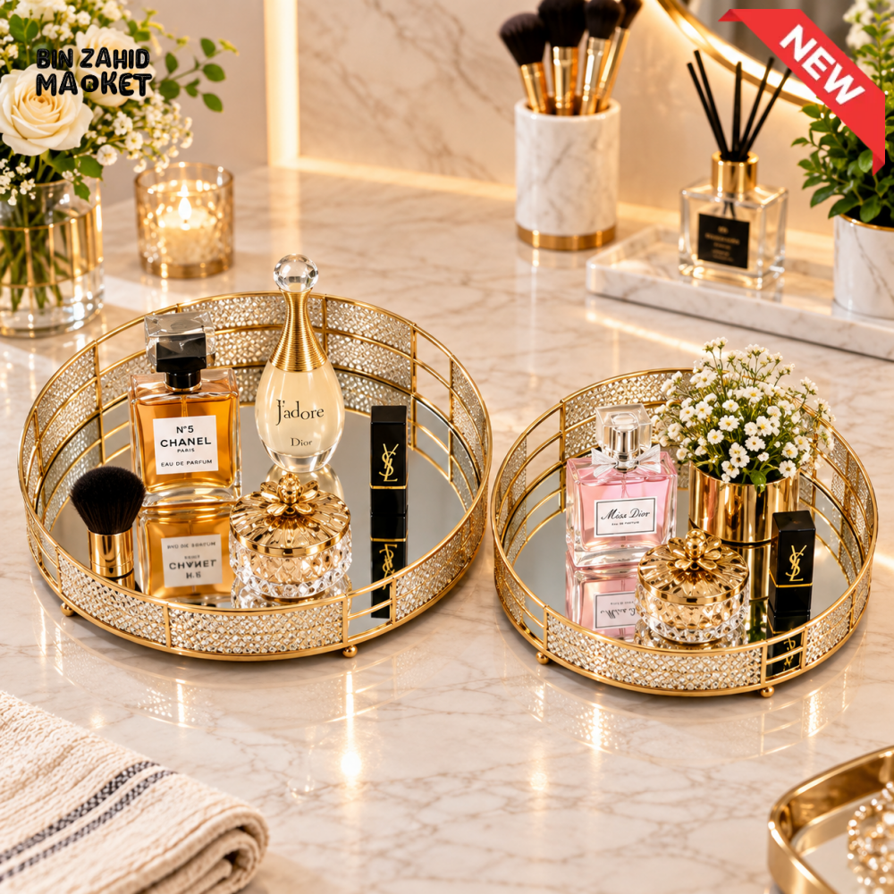 2 PIECE GOLDEN ROUND MIRROR PERFUME & COSMETIC TRAY SET