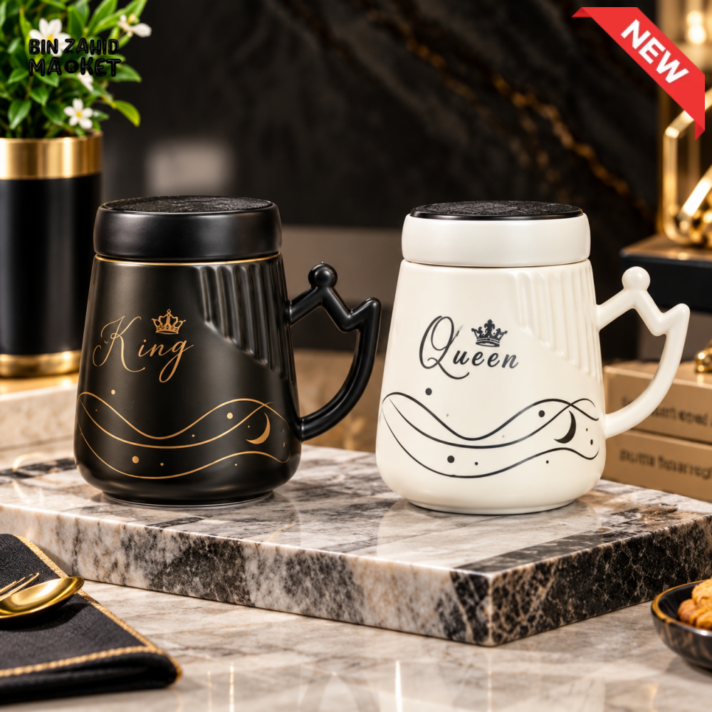 2-PIECE KING & QUEEN CERAMIC COFFEE MUG SET WITH LIDS