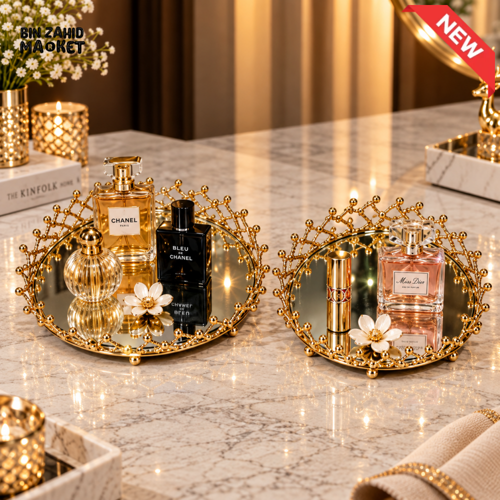 2-PIECE LUXURY GOLDEN MIRROR VANITY & PERFUME DISPLAY TRAY SET
