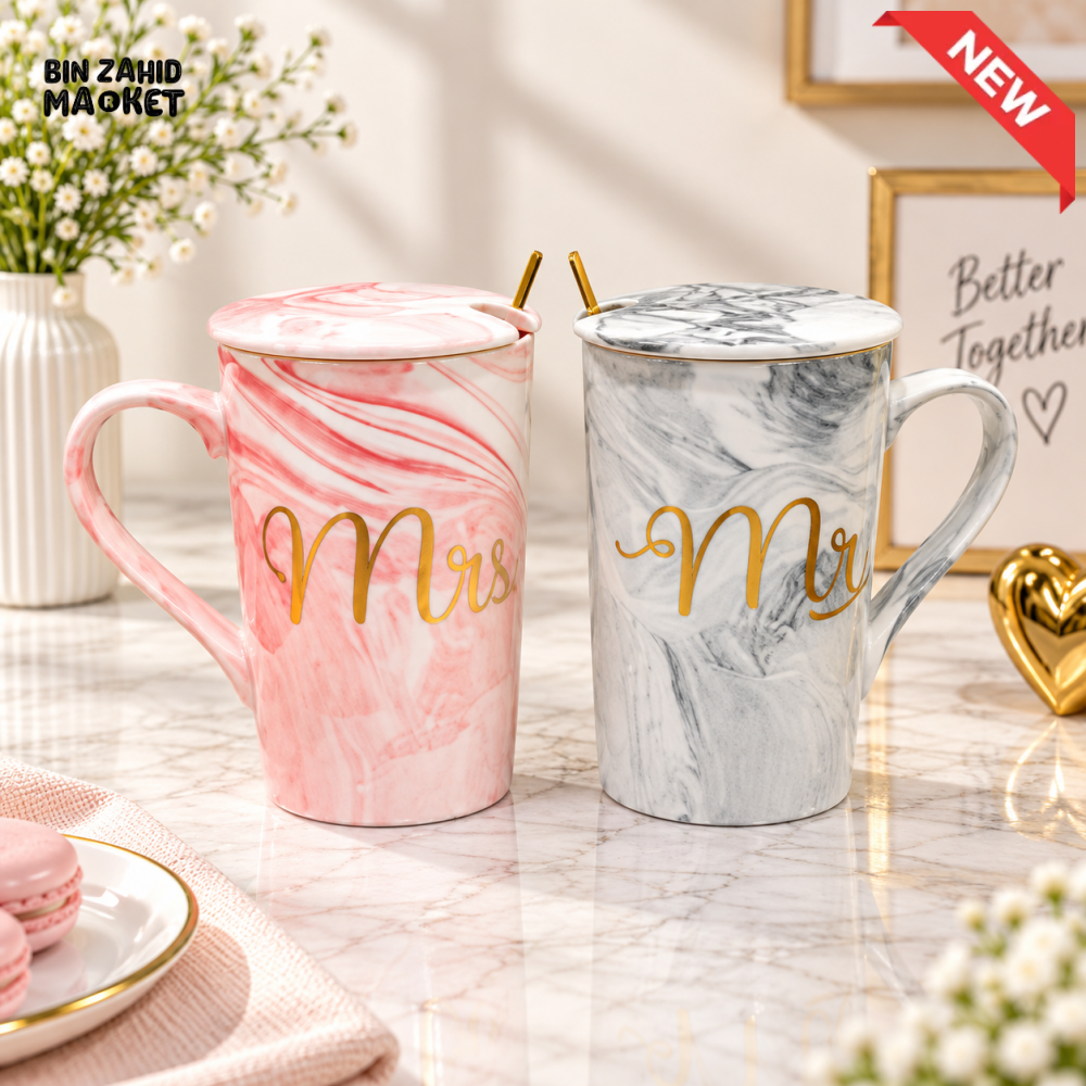2-PIECE MR & MRS MARBLE DESIGN CERAMIC MUG SET WITH LIDS & SPOONS