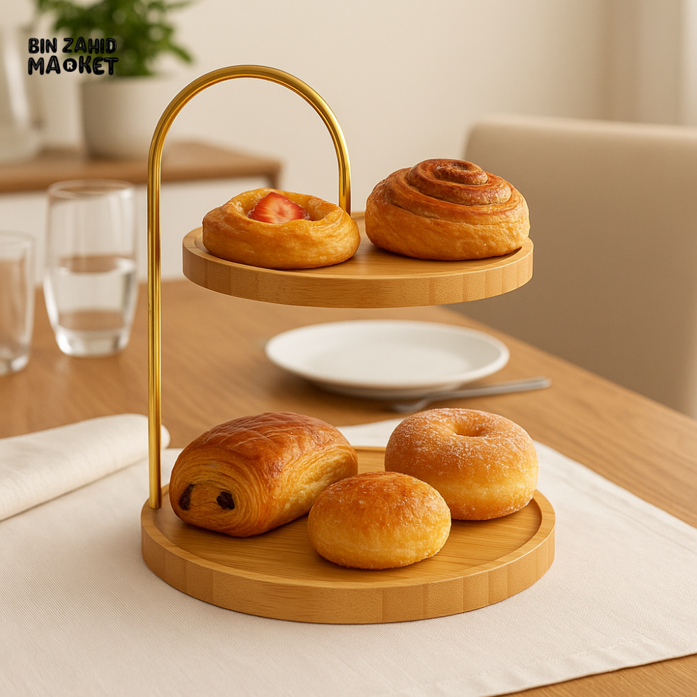 2-Tier Bamboo Serving Stand with Gold Metal Handle