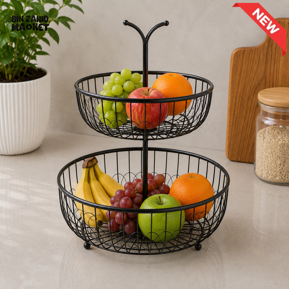 2-TIER BLACK METAL WIRE FRUIT BASKET WITH CENTER HANDLE