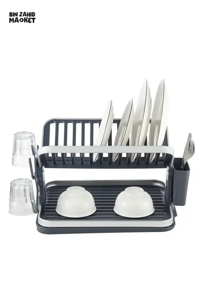 2-TIER FOLDABLE DISH DRYING RACK – SPACE-SAVING KITCHEN ORGANIZER WITH UTENSIL HOLDER