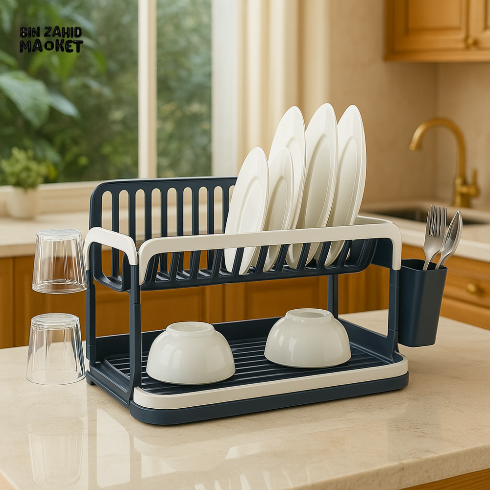 2-TIER FOLDABLE DISH DRYING RACK – SPACE-SAVING KITCHEN ORGANIZER WITH UTENSIL HOLDER