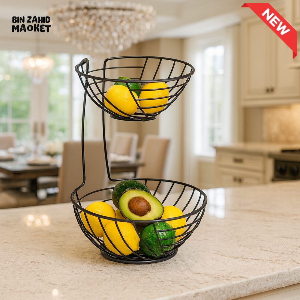 2 TIER FRUIT BASKET FOR KITCHEN COUNTERTOP – BLACK METAL FRUIT HOLDER FOR LEMONS AVOCADOS AND VEGETABLES