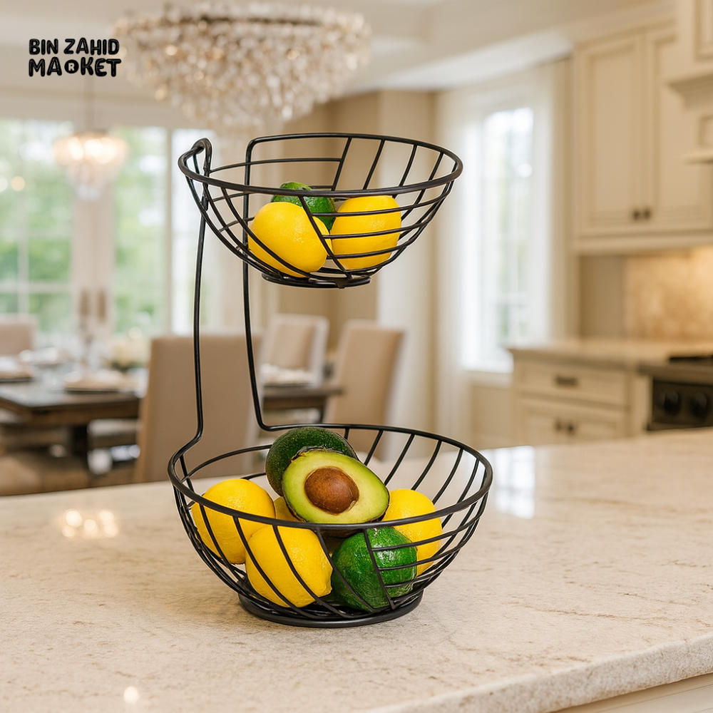 2 TIER FRUIT BASKET FOR KITCHEN COUNTERTOP – BLACK METAL FRUIT HOLDER FOR LEMONS AVOCADOS AND VEGETABLES